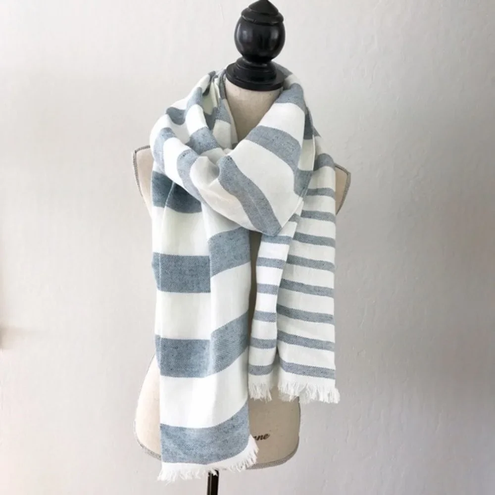 New J. Crew linen cotton stripe coastal beachy nautical wrap scarf shawl